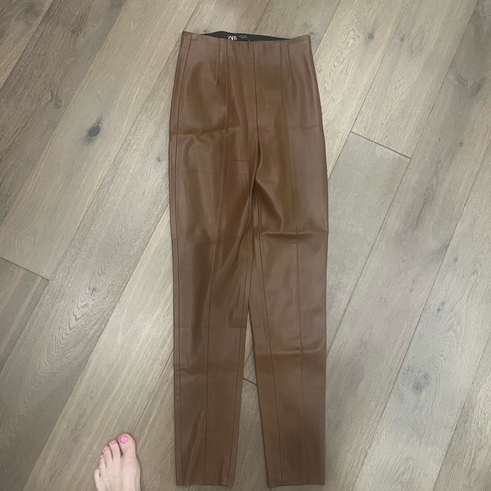 Zara Brown Faux Leather High-Waist Pants - Picture 3 of 4